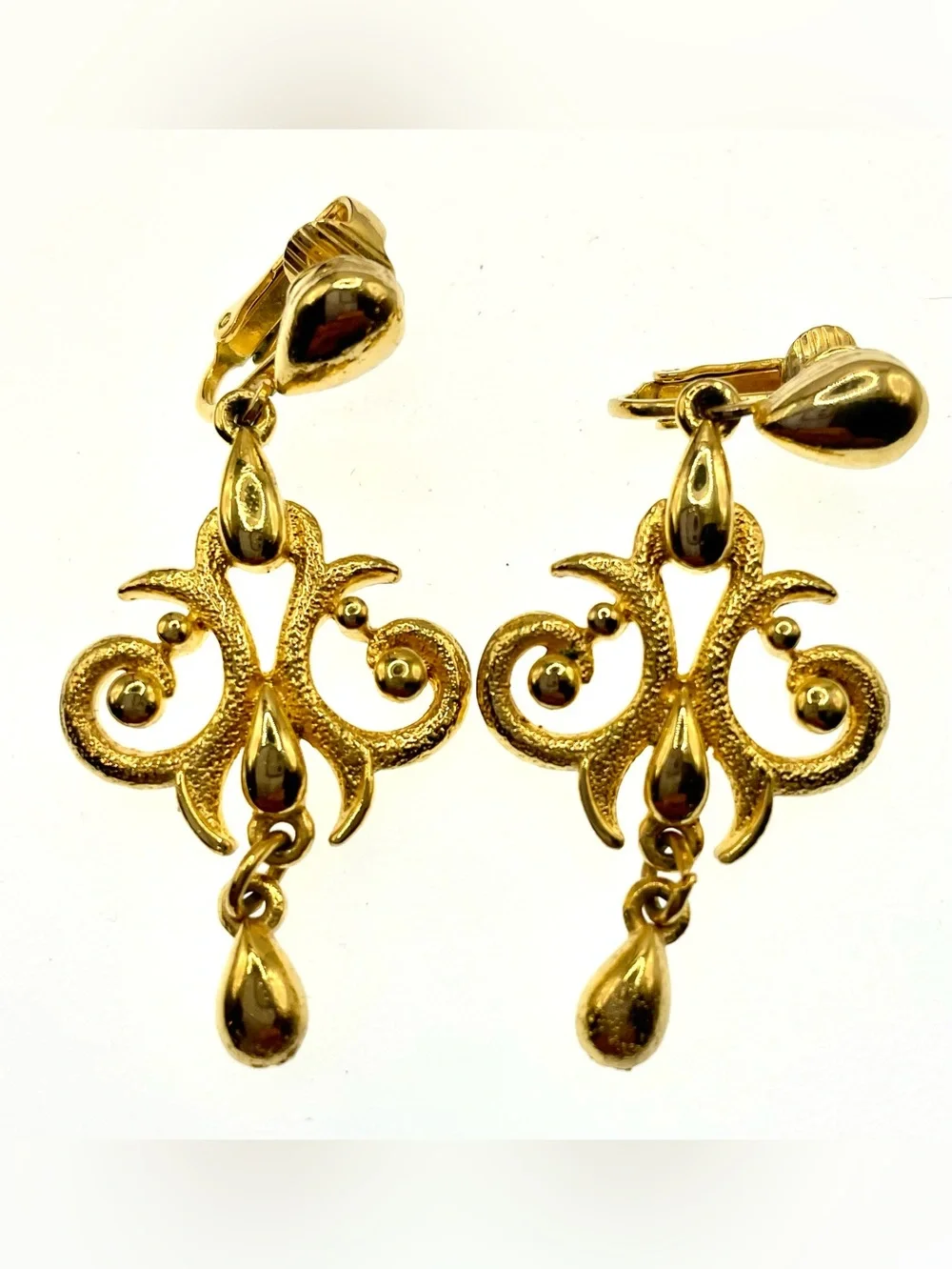 Vintage Scrollwork Dangling Drop Clip On Earrings Gold Tone 2”